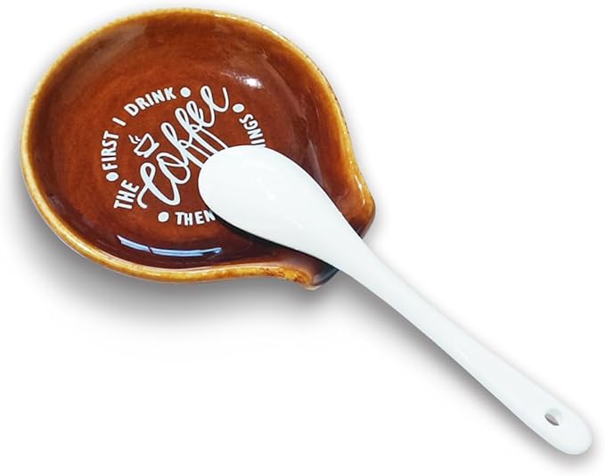 Funny Coffee Quote First I Drink The Coffee Then I Do The Things Ceramic Spoon Holder-Brown Coffee Spoon Rest -Cafe Station Bar Accessories