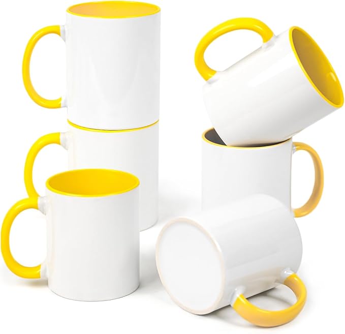 11oz White Ceramic Sublimation Coffee Mug With Solid Colors Inside and Handle(12, Yellow)