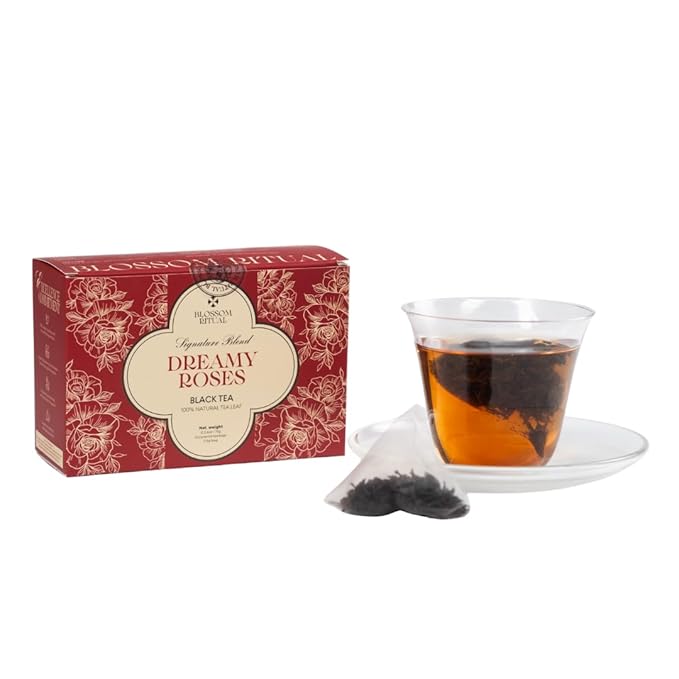 BLOSSOM RITUAL Dreamy Roses – Black Tea Loose Leaf – 20 Natural Based Pyramid Bags – Serve Upto 60 cups – Rose Petal Infused – Boost Focus & Relaxation – Resealable Zip Pouch| 2.65oz