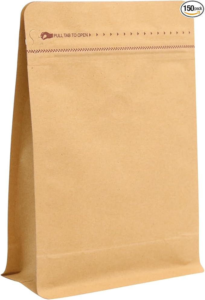 150 Pack High Barrier Stand-Up Coffee Bean Bags with Vented Valve, Matte Metallic, Heat-Sealable and Resealable Pouches for Food Storage (6 * 12.8 inch,2 lb,32 oz,Brown Kraft Paper)