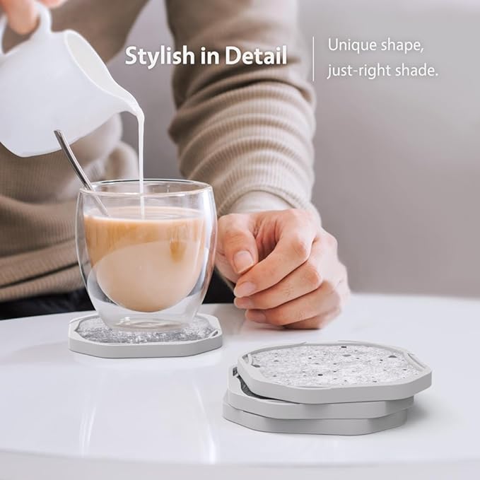 UMIRRO Absorbent Coasters for Drinks with Holder, Silicone Cup Coaster with Felt Insert for Coffee Table Decor, Small Unique Birthday Gift Ideas for Men, Dad, Him, Women Mom, Her, 4", Grey, Set of 6