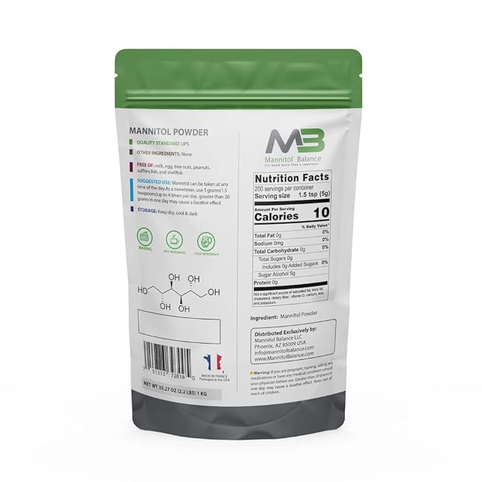 The Original Mannitol Balance - 1kg (2.2 lbs) Mannitol Powder - Natural Sugar Alternative Sweetener - Pure, Healthy, GMO-Free, Vegan - Low Calorie & Glycemic Index Supplemen