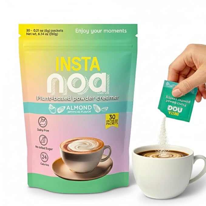 NOA Plant-Based Powder Creamer - Dairy-Free Coconut & Almond Flavor, No Sugar, Vegan, Keto-Friendly, Instant Non-Dairy Coffee Enhancer, 30 Sachets of 6g