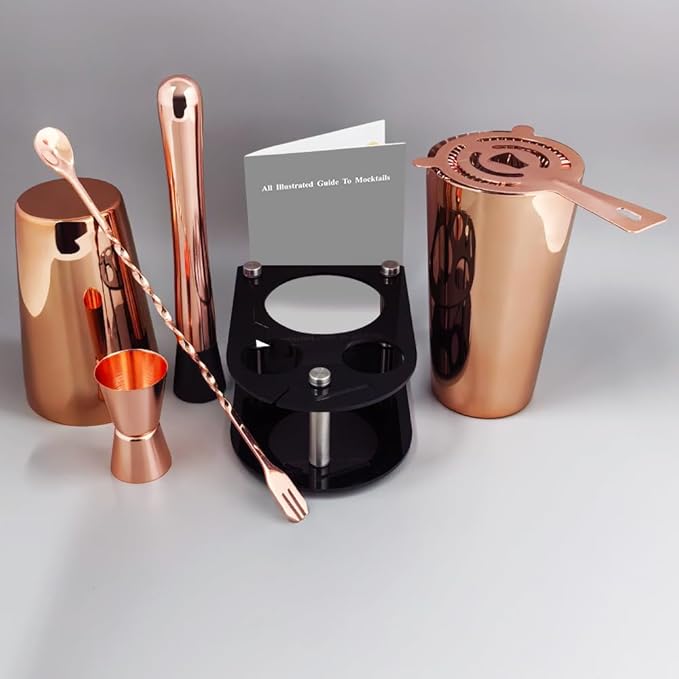 5 Piece Cocktail Shaker Bartender Kit: 750/600ml(25/20oz) Cocktail Shaker Set with Stand, Drink Mixing Includes Martini Shaker,Strainer,Jigger,Bar Mixer Spoon,Muddler Bar Tool Set (Rose Copper)