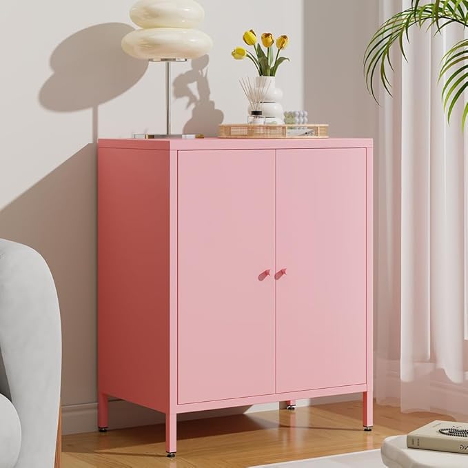 Small 2 Metal Storage Side Buffet Cabinet for Bed Room,Living Room,Entryway,Hallway,Home,Hotel,Office,Garage,Kitchen,1 Removable Shelf. (Metal Door, Pink)