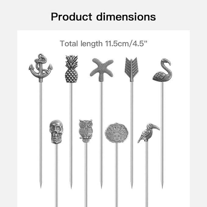 Martini Cocktail Picks Reusable Olive Picks Garnish Skewer Fruit Toothpicks Set of 9 (Antique Silver)
