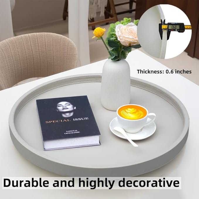 25-inch Round Ottoman Serving Tray - Textured PU Leather Coffee Table Decor, Waterproof Heat-Resistant Large Organizer for Home, Office, Bed & Party Essentials (Tranquil Beige, 25)