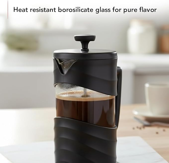 OVENTE French Press Coffee Maker 20 Ounce with Heat Resistant Borosilicate Glass & Stainless Steel 4-Level Filtration System, Portable Cold Brew Coffee Maker for Travel, Camping or Gift, Black FPW20B