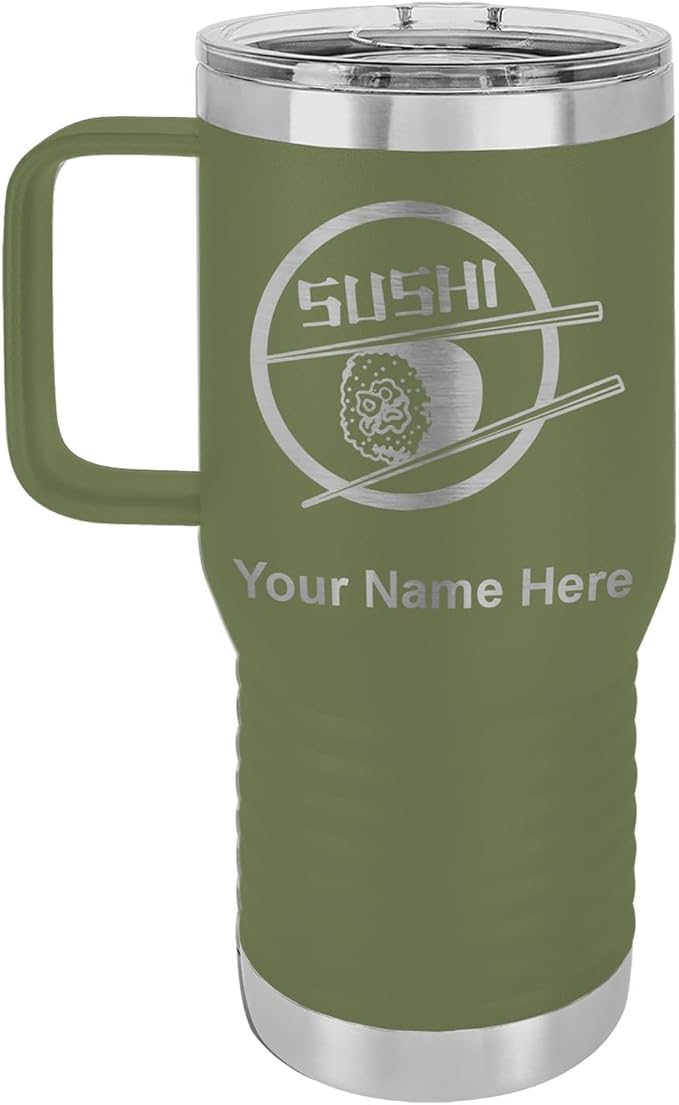 LaserGram 20oz Vacuum Insulated Travel Mug with Handle, Sushi, Personalized Engraving Included (Camo Green)
