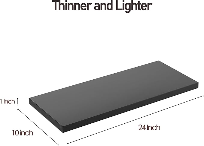 Wall Shelf Set of 1, Black Floating Shelves 24 in W x 10 in D x 1 in H, Wooden Floating Wall Shelf with Invisible Brackets for Living Room/Bedroom/Bathroom/Kitchen Storage and Decor