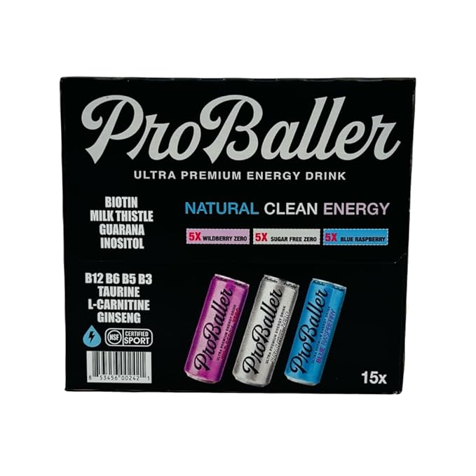 ProBaller Ultra Premium Zero Sugar Energy Drink - Natural & Clean NSF Certified Sport Drink with Amino Acids, Taurine, Biotin, Vitamin B 12 Methylcobalamin, & Electrolytes - 15 Pack - Variety
