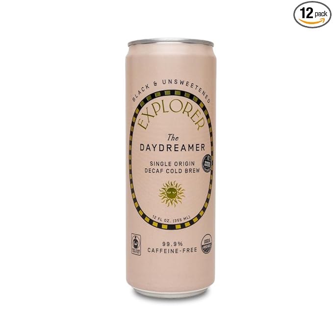 Explorer Daydreamer Ready-to-Drink Organic Cold Brew Decaf Coffee, 99.9% Caffeine-Free, Black, Unsweetened, and Fair Trade, 12 fl oz (Pack of 12)