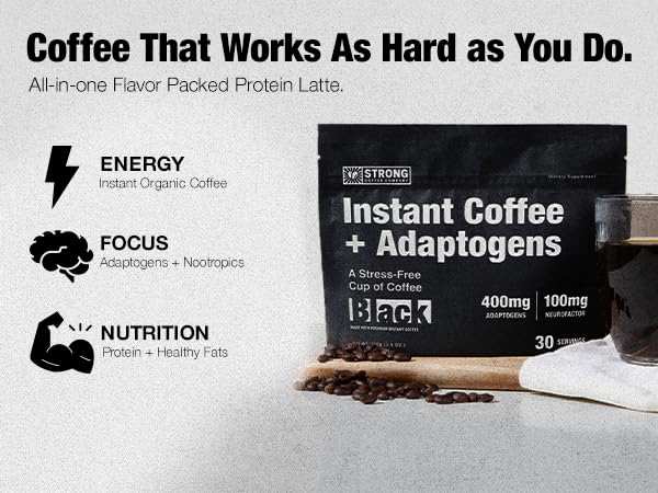 Strong Coffee Co. Instant Black Coffee - Adaptogens Organic Coffee with Ashwagandha, Reishi, MCT Oil, & L-theanine. No Jitters, No Crash (1, 10 Packets)