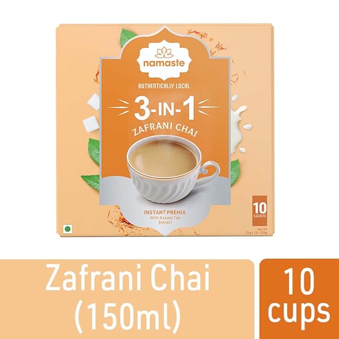 Namaste Chai Zafrani Saffron Tea Premix | Instant Saffron Tea Powder Sachets With Milk and Sugar | 22g x 10 Sachets