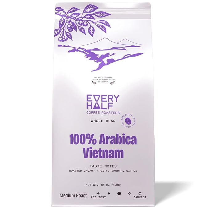 Every Half Coffee Roasters -Vietnamese Origin Coffee - Whole Bean Coffee Dark Roast - Low Acid, Fresh Roasted, Single Origin, Robusta Arabica Vietnam Blended 12 Oz (12 Ounce (Pack of 1), 100% Arabica Vietnam)