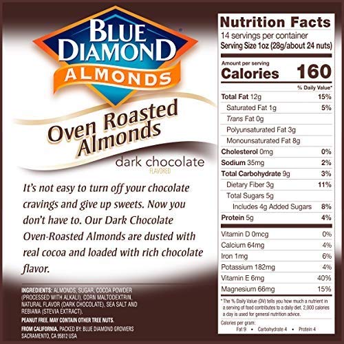 Blue Diamond Almonds Oven Roasted Dark Chocolate Flavored Snack Nuts, 14 Oz Resealable Bag (Pack of 2)