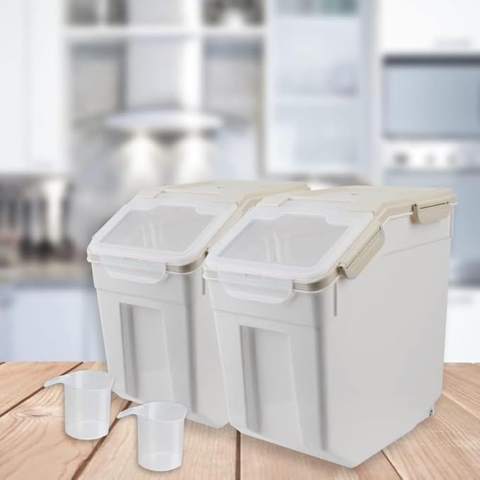 YXQ 25LB Large Flour Storage Container Bin,4 Pack Airtight Plastic with Wheels Seal Locking Lid Dispenser Organizer Storage Bin with Measuring Cup & Scoop for Flour, Rice, Grain 100LBS Total，Grey