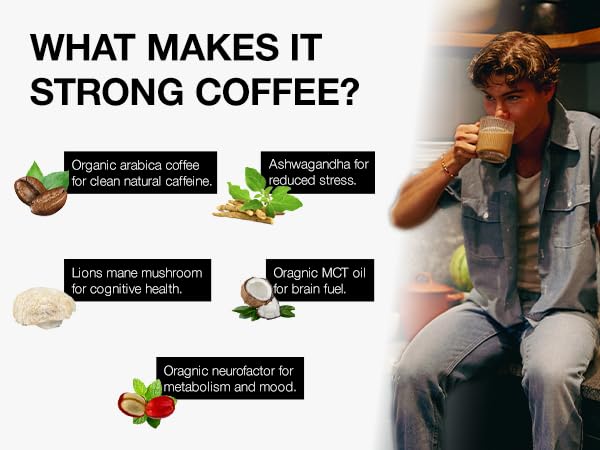 Strong Coffee Co. Instant Black Coffee - Adaptogens Organic Coffee with Ashwagandha, Reishi, MCT Oil, & L-theanine. No Jitters, No Crash (1, 10 Packets)
