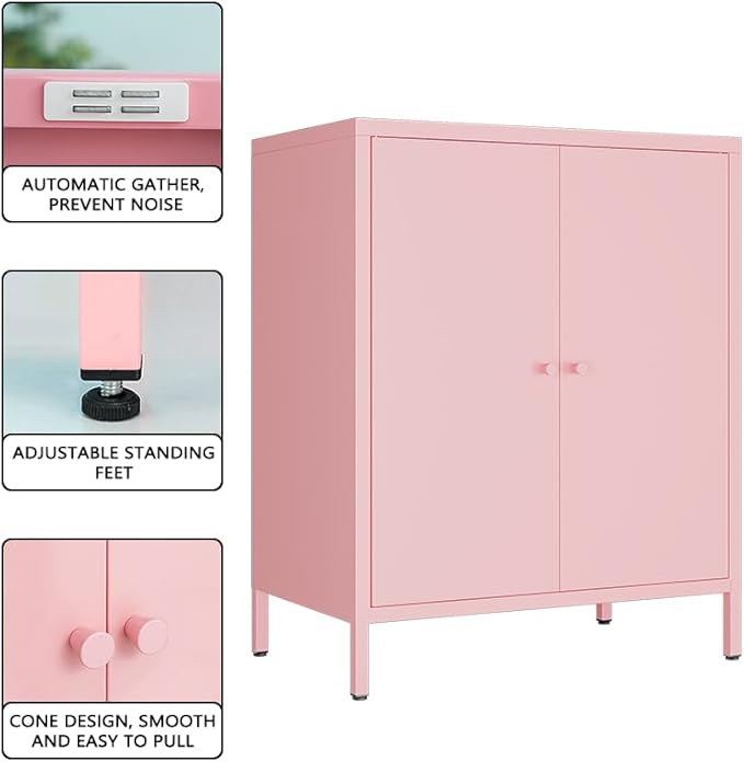 Small 2 Metal Storage Side Buffet Cabinet for Bed Room,Living Room,Entryway,Hallway,Home,Hotel,Office,Garage,Kitchen,1 Removable Shelf. (Metal Door, Pink)