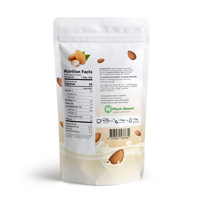 NULLIAV | Barista Almond Milk Powder Original - Professional Frothing for Home or Cafe - High Protein Prebiotic Fiber Powder Vegan Dairy Free Lactose Free Shelf Stable 14.8 Oz Bag Convenient