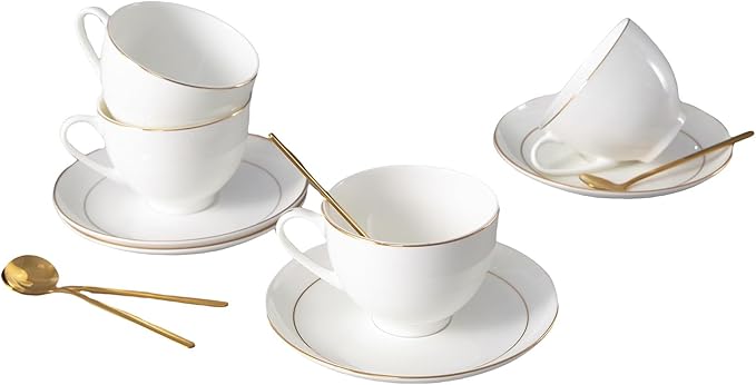 Bone China Tea Cups and Saucers Set (7 oz, Set of 4) – White Luxury Fine Porcelain Mugs for Tea, Coffee, Latte Art, Barista Use, Elegant Gifting