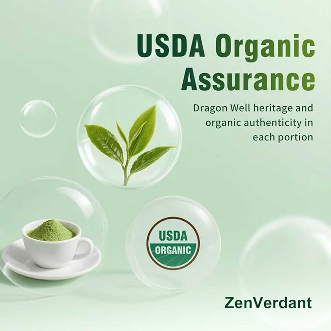 ZenVerdant USDA Organic Matcha, 16oz | Dragon Well Infused | Resealable Pouch | For Lattes, Baking & Daily Drinking