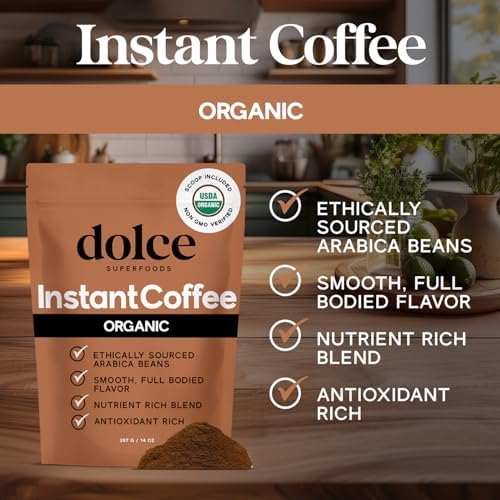 Dolce Superfoods Organic Instant Coffee – USDA Certified, Bold & Smooth Flavor, 14oz Travel-Friendly, No Additives, Non-GMO