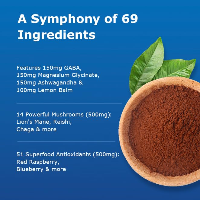 Mushroom Hot Cocoa, Melatonin-Free Natural Relaxation Drink Mix | 14 Mushroom Extracts, Magnesium, Ashwagandha, GABA & 51 Superfoods | Calm & Sleep Support | Keto & Vegan, Cocoa Powder | 30 Servings
