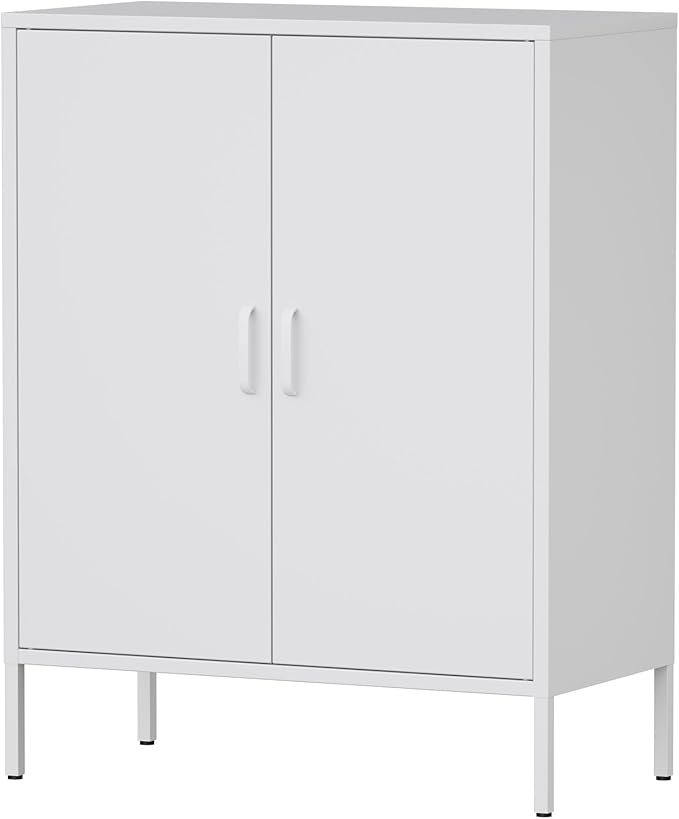 Bathroom Floor Storage Cabinet,40H Small White Cabinets for Storage with Doors,2 Door Metal Towel Freestanding Cabinet for Small Spaces,Two Door Hallway Short Cabinets,Shallow Low Cupboard