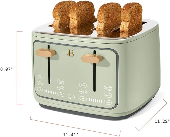 Beautiful 4-Slice Toaster by Drew Barrymore – Touch Display, Extra-Wide Slots, Bagel & Frozen Functions, Stainless Steel (Sage Green)