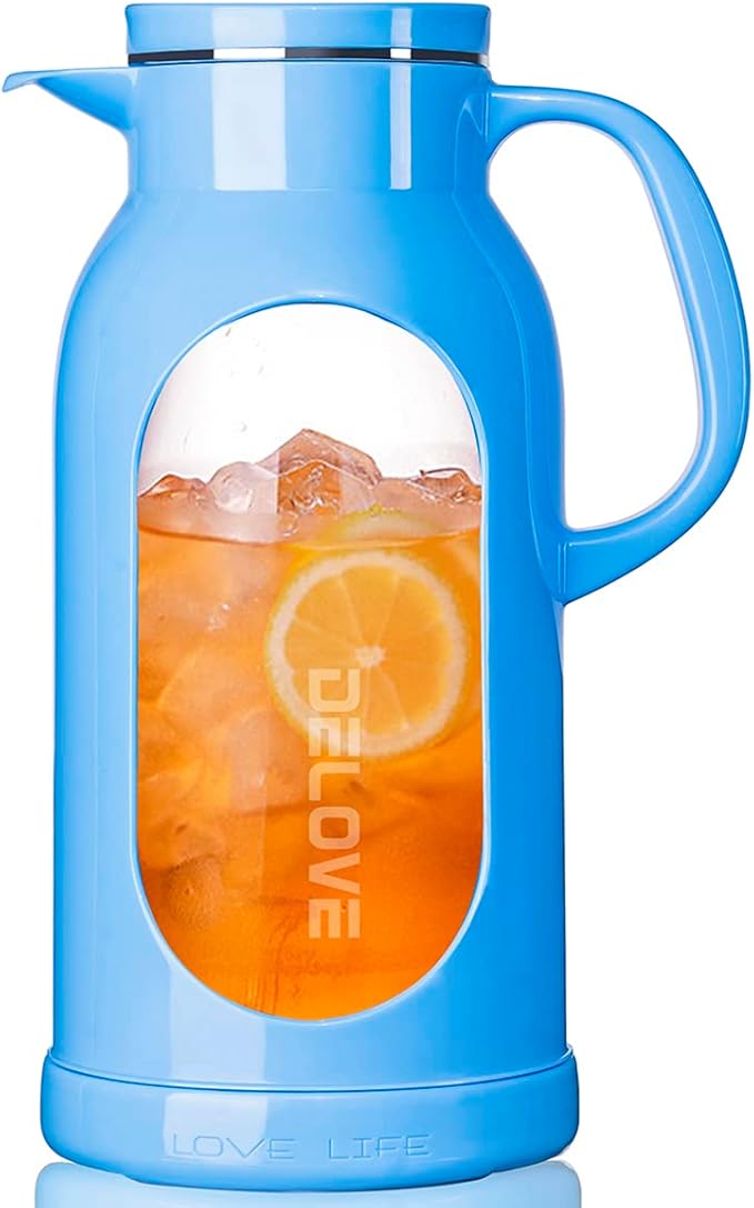 Delove 68 oz/2 Liter Glass Pitcher with Shatterproof Shell - Heat Resistant Glass Liner - Stainless Steel Lid - Carafe & Jug for Iced Tea,Hot/Cold Water,Homemade Juice Beverages (Blue)