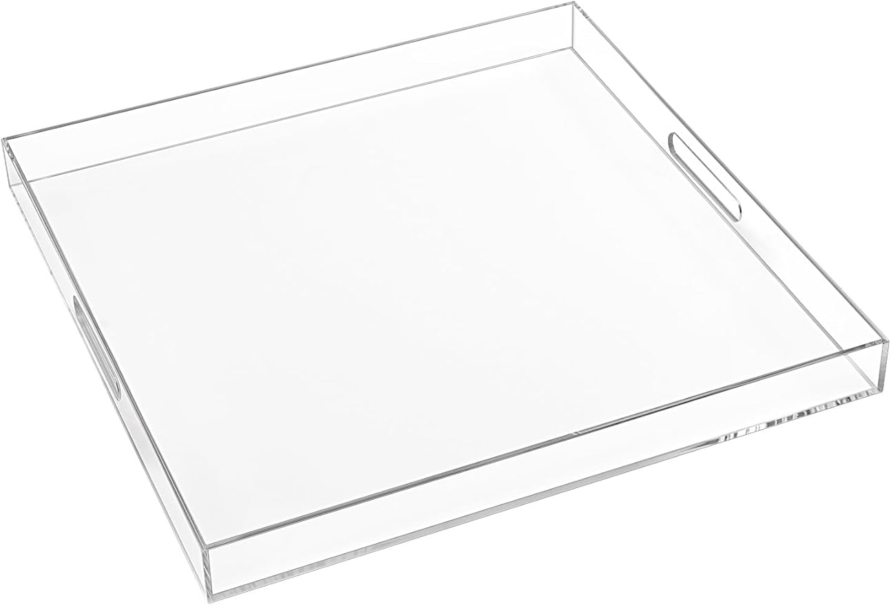 20×20 Inches Oversize Extra Large Sturdy Clear Acrylic Serving Tray King Size Decorative Big Ottoman Trays with Cut Out Handles Water Proof Bed Tray Coffee Counter Top Organizer
