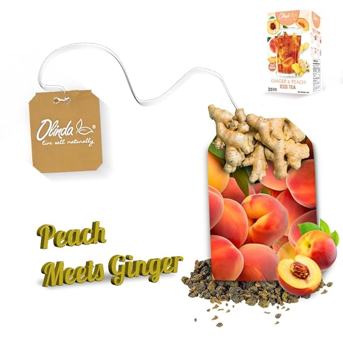 Olinda Herbal Ginger Peach Green Tea Organic Cold Brew & Hot Brew Bags Refreshing Fruity Drink