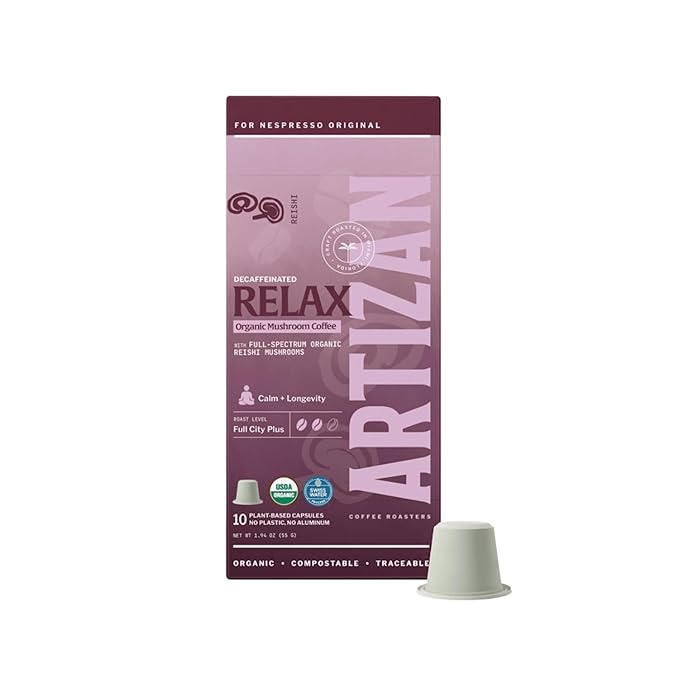 Artizan Organic Reishi Mushroom Coffee Pods for Nespresso Original Line | Decaffeinated | Calm + Longevity | 10 Compostable Espresso Capsules