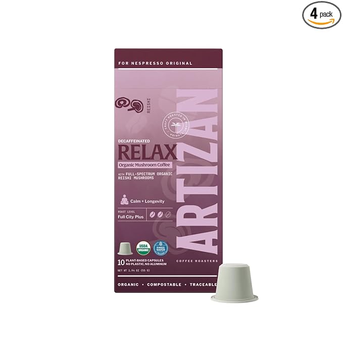 Artizan Organic Reishi Mushroom Coffee Pods for Nespresso Original Line | Decaffeinated | Calm + Longevity | 40 Compostable Espresso Capsules