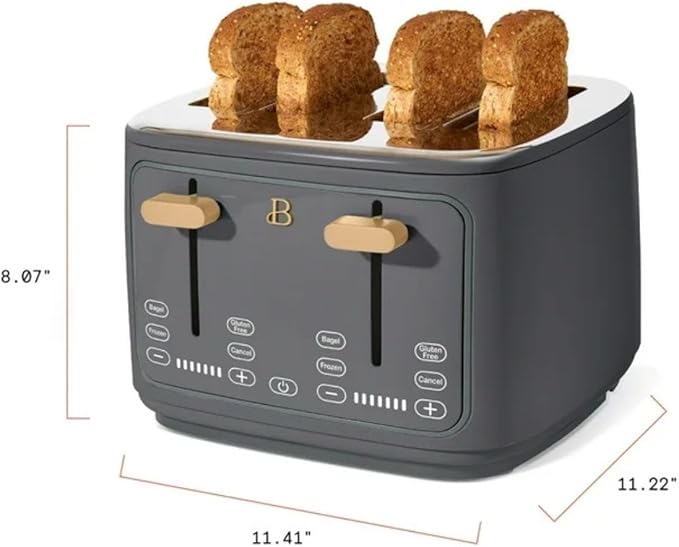 Beautiful 4 Slices Toaster - 7 Shade Settings, Touch Display, Extra-Wide Slots for Bagels, Gluten-Free & Frozen Presets, LED Countdown, Removable Crumb Tray, 1800-watt toasting (Oyster Gray)