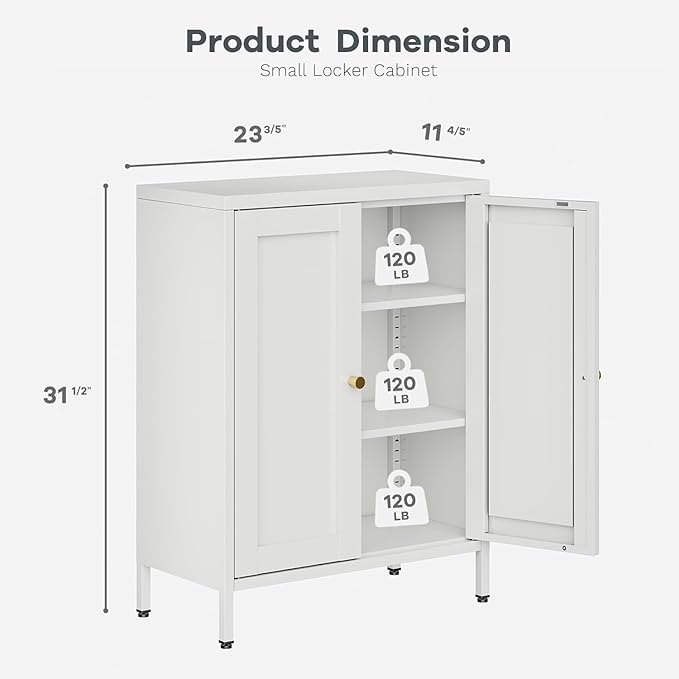 Bathroom Storage Cabinet, Metal Sideboard Cabinet, White Bathroom Floor Cabinets with 2 Doors and Adjustable Shelves for Kitchen, Living Room, Entryway,Office (White, 31.5" H)
