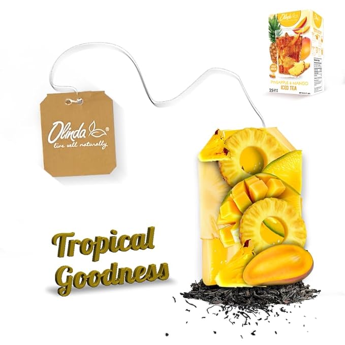 Olinda Pineapple & Mango Organic Black Tea 25 Tea Bags Caffeinated Tropical Fruity Hot or Cold Brew Natural Fruit Tea Christmas Holiday Gift for Women & Tea Lovers Secret Santa Stocking Stuffer