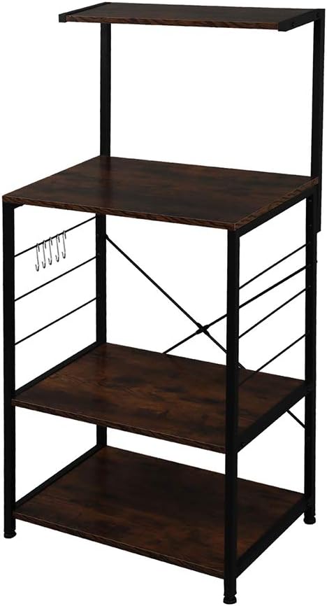 Kitchen Bakers Rack with Storage Shelves, Small Coffee Bar Table with 4 Hooks, 4 Tiers Microwave Stand Station with Adjustable Shelves, Freestanding Kitchen Appliance Organizer