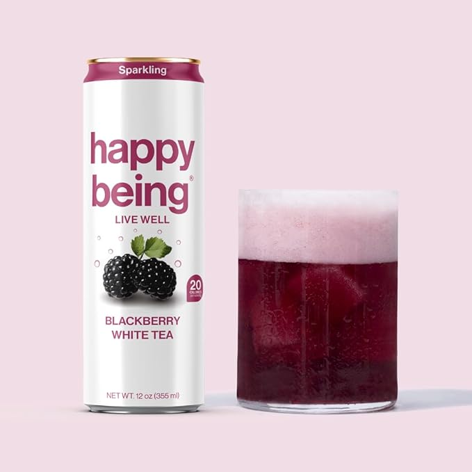 Happy Being Sparkling Nutrient-Rich Blackberry Citrus White Tea – Infused with Turmeric, Elderberry, Vitamin D3, Caffeine Free, Plant-Based, Low Calorie & Low Sugar Drinks, 12oz (4 Pack)