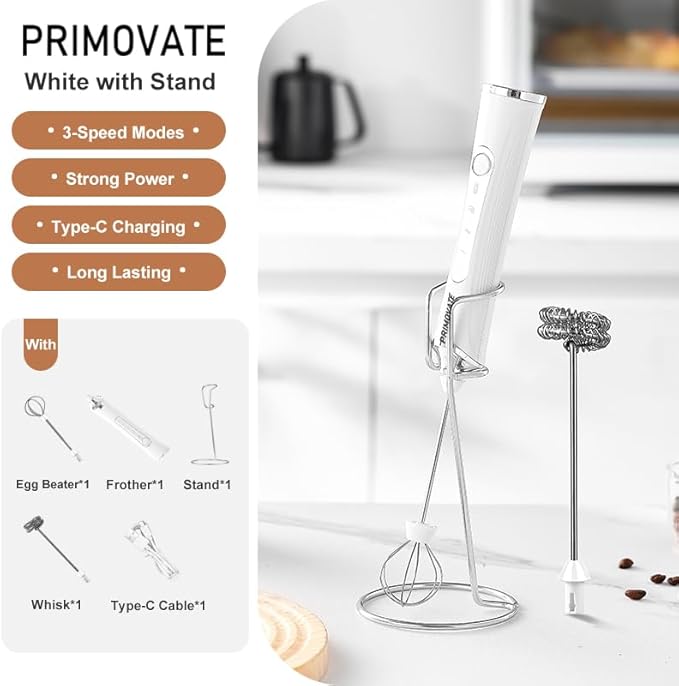 Rechargable Milk Frother, Handheld Drink Mixer with Whisk Attachment, 2025 upgraded powerfull 3 speed motor, Type C charging with charge light, with extra egg mix head (Black with Stand)