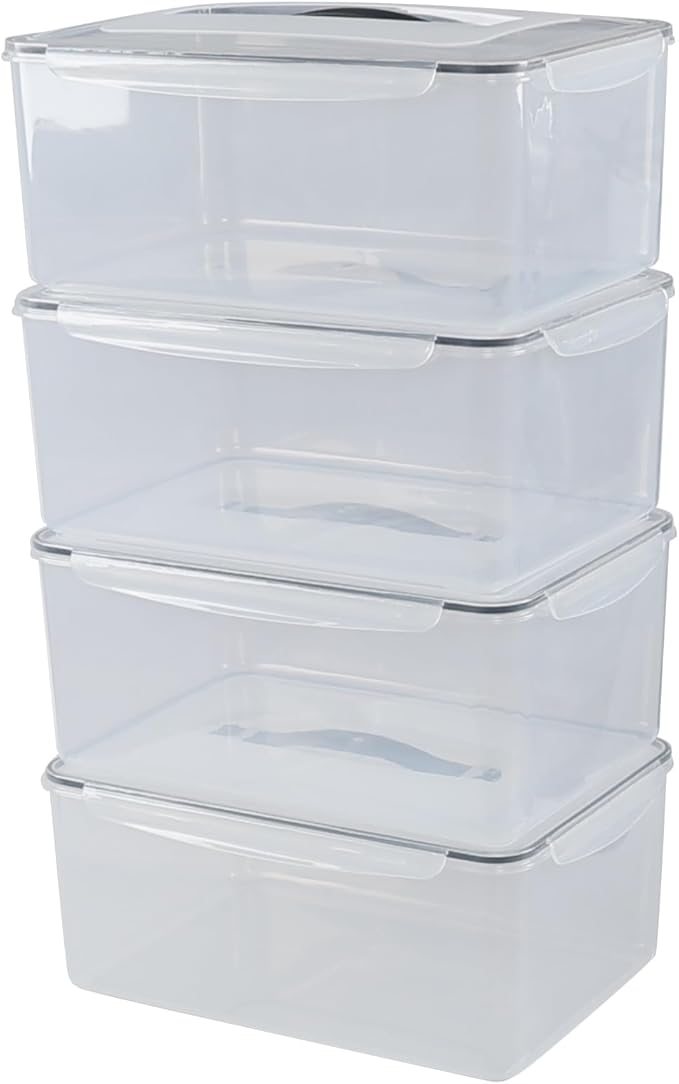 15 L Airtight Rectangular Food Storage Container with Top Handle, Set of 4 Plastic Clear Food Storage Container with Latch Clip