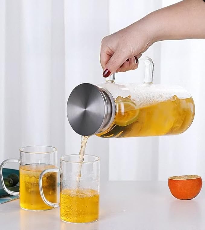 Heat Resistant Glass Pitcher with Stainless Steel Lid, Water Carafe with Handle, Good Beverage Pitcher for Homemade Juice and Iced Tea 1.6liter/54oz