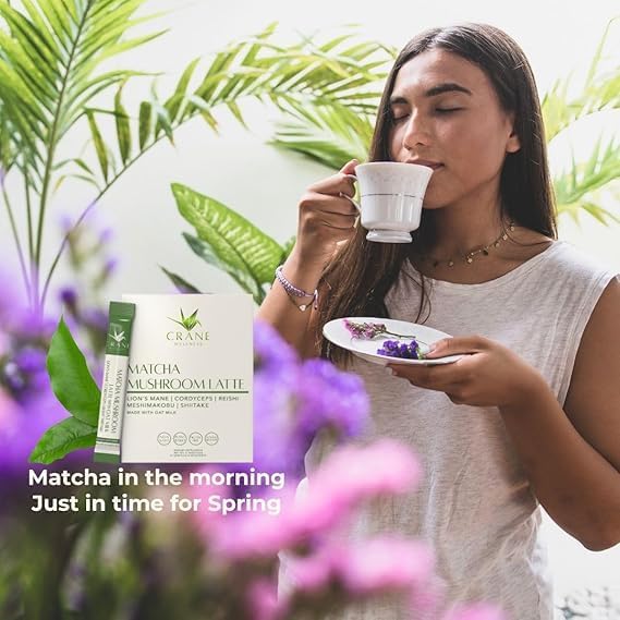 Matcha Mushroom Latte Mix with Adaptogens, 30 Sachets, Oat Milk, Plant Based for Focus and Clarity