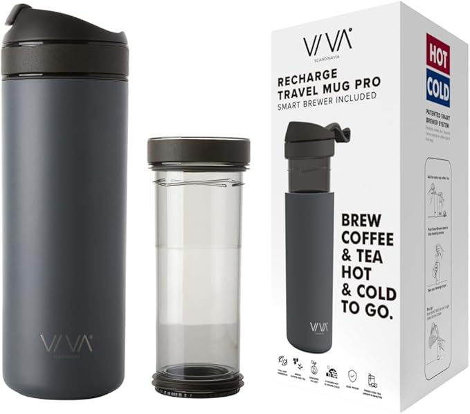 VIVA Recharge Grey Insulated Tea & Coffee Mug & Travel French Press Coffee Maker, 16 oz, Brew & Drink From the Same Coffee Mug On the Go or Camping