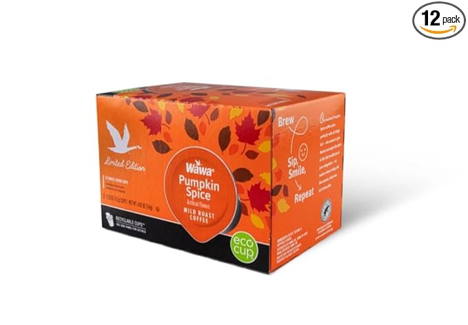 Wawa Mild Roast Single Cup Pumpkin Spice Coffee Pods, 12 Pods, 1 Box, Cinnamon, Nutmeg & Clove Fall Flavor Blend, Single Serve, 100% More Responsibly Sourced from Rainforest Alliance Certified Farms