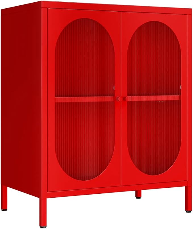 Small 2 Transparent Door Metal Storage Side Buffet Cabinet for Bed Room,Living Room,Entryway,Hallway,Home,Hotel,Office,Garage,Kitchen,1 Removable Shelf. (Transparent Door, Red)