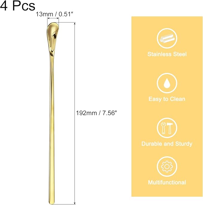 uxcell 4Pcs Stainless Steel Mixing Spoon 7.6 Inch Cocktail Stirrer Bar Spoon Drink Stirring Spoon with Long Handle for Bar Cocktail Ice Tea, Gold