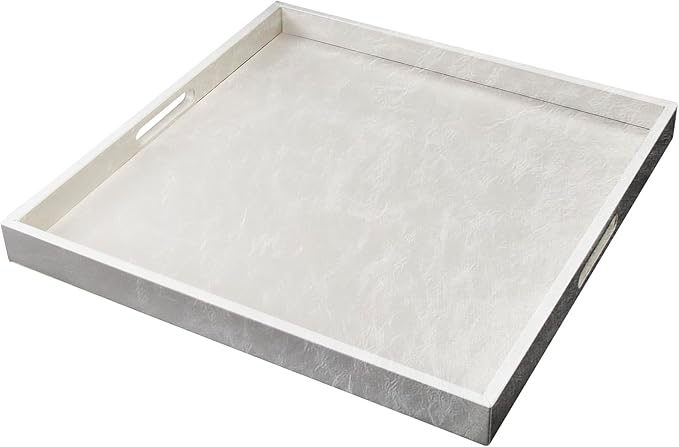 30 * 30 inches Leather Rectangle Serving Tray with Hole Handles,High-End Light Large Service Tray for Ottoman Tray, Tea, Food, Butler - Countertop, Kitchen,Family Dinner, Picnic(White)