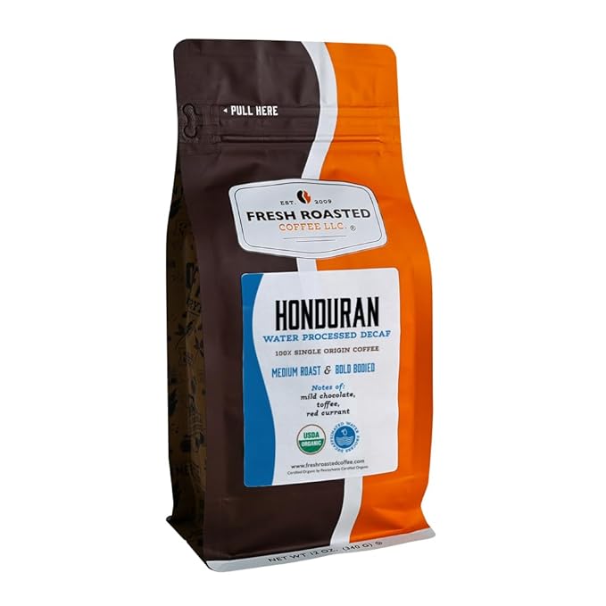 Fresh Roasted Coffee, Organic Honduran Water-Processed Decaf | USDA Organic, 100% Single Origin, Kosher | Medium Roast 12 oz Whole Bean